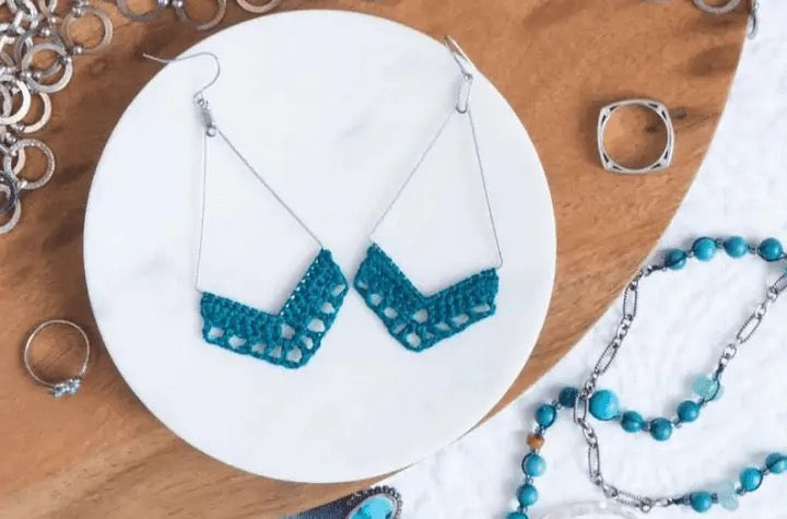 Handcrafted Turquoise Crochet Chevron Drop Earrings