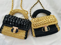 Handcrafted Gold & Black Luxury Knit Handbag with Chain Strap