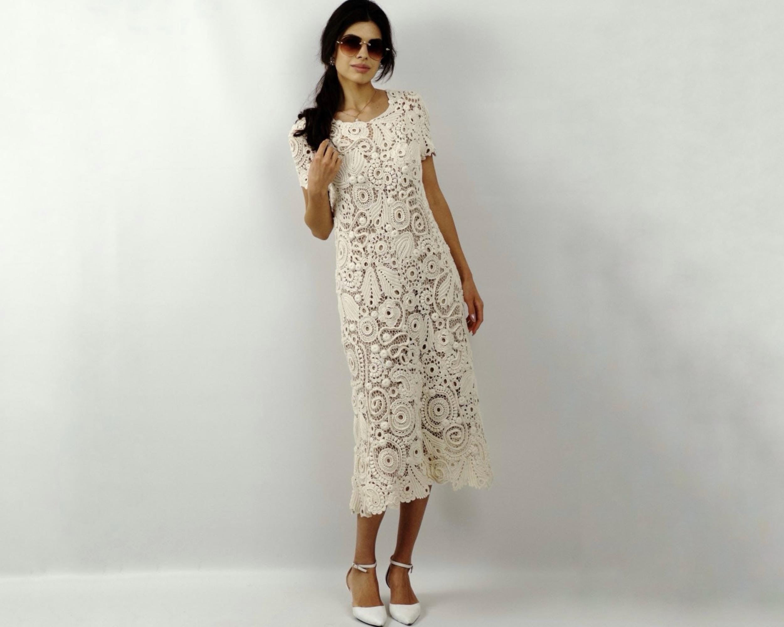 Elegant Ivory Floral Lace Midi Dress – Romantic Occasion Wear