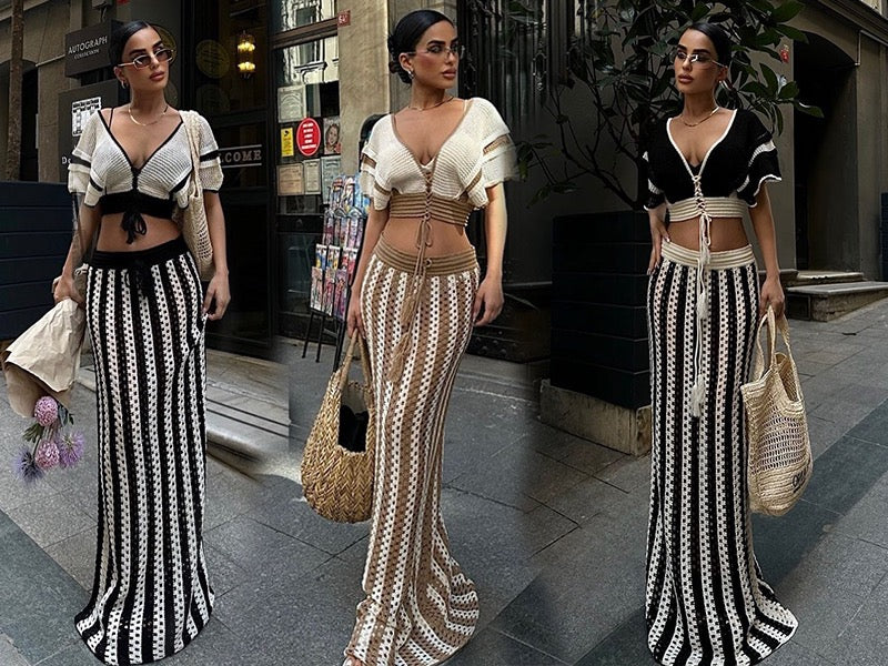 Bohemian Striped Knit Maxi Skirt & Crop Top Co-ord Set